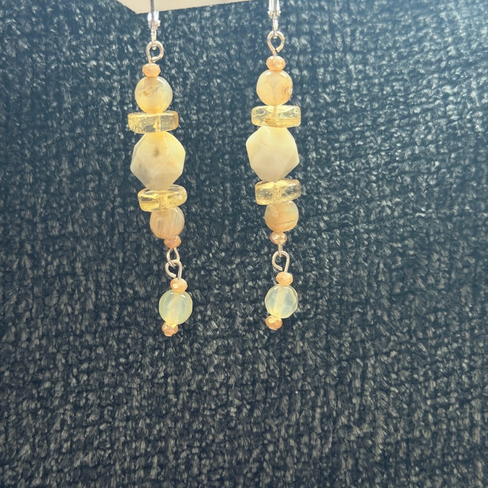Citrine Faceted Agate and Jasper Beaded Dangle Earrings-Silver Plated